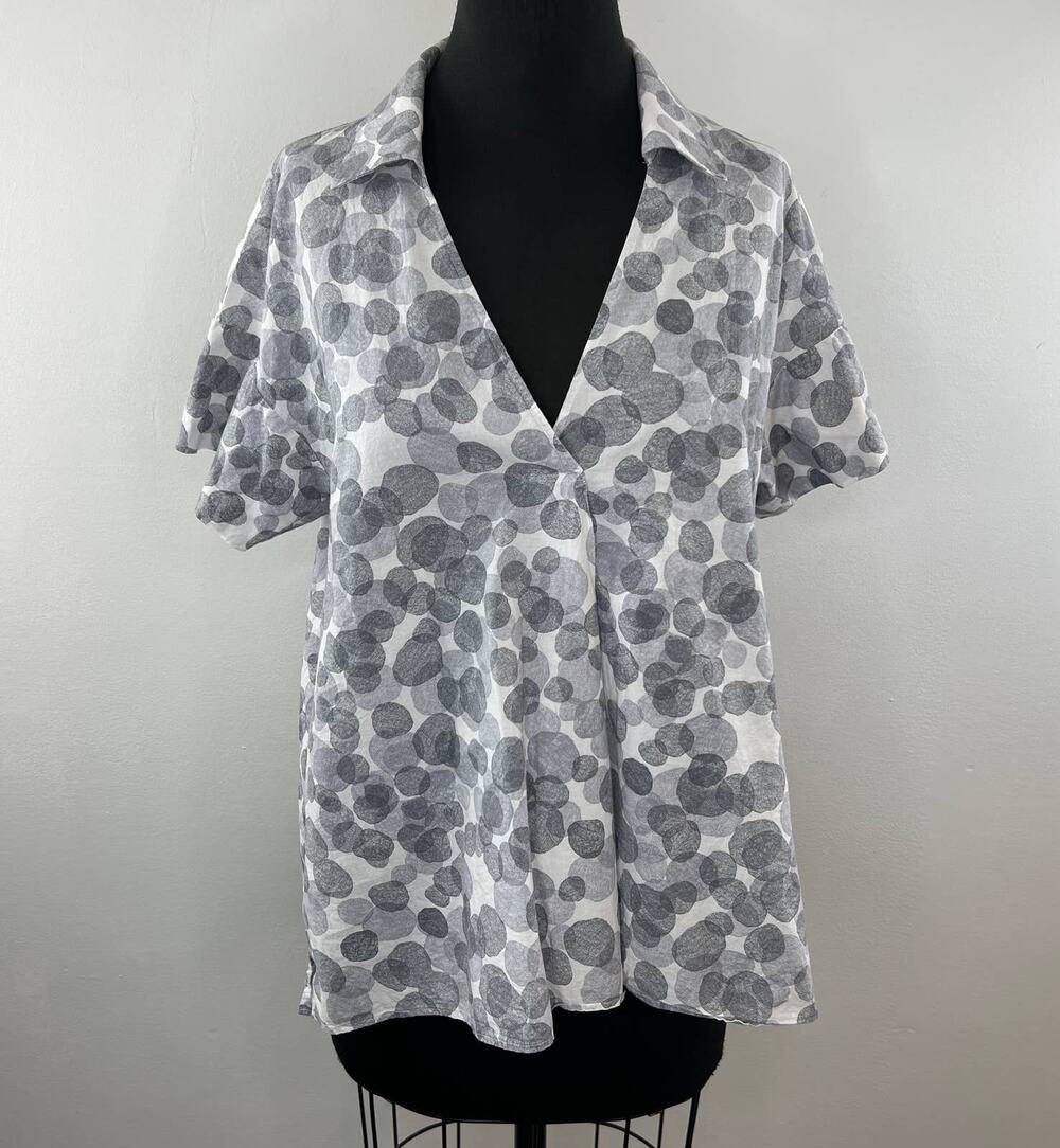 COS Gray White Circle Print Cotton V-Neck Boxy Oversized Short Sleeve Shirt S